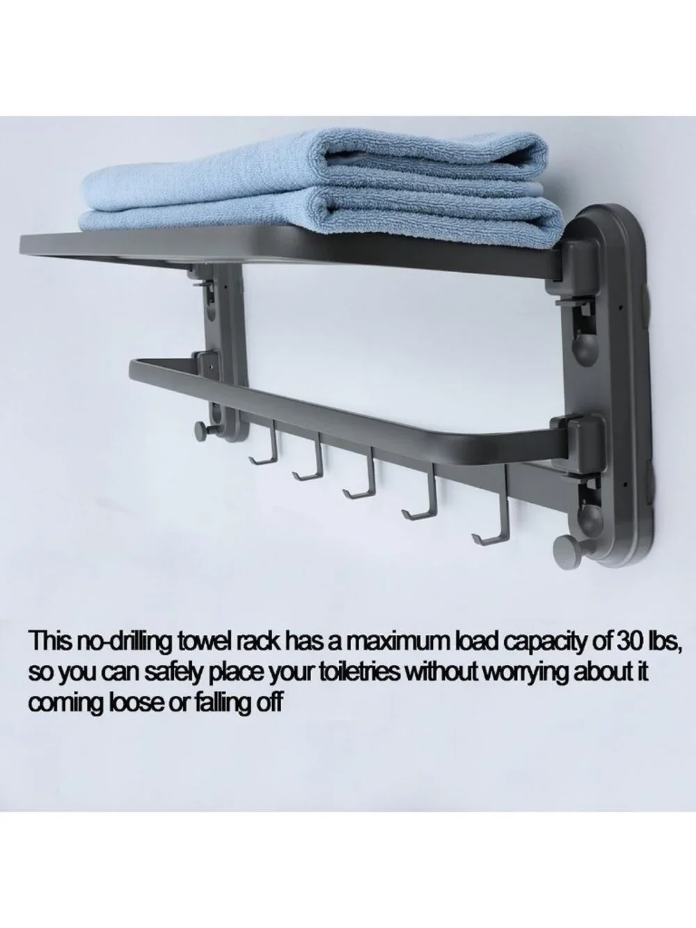24-Inch Wall-Mounted Towel Shelf with Hooks - Modern Foldable Bathroom Rack